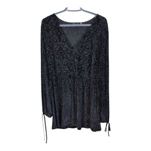 Amanda Green Black Burnout Velvet Long Sleeve V Neck Babydoll Tunic Size XL